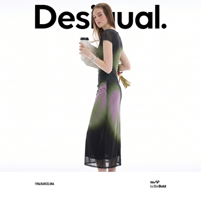 Desigual26春夏新品粉绿渐变网纱印花短袖连衣裙