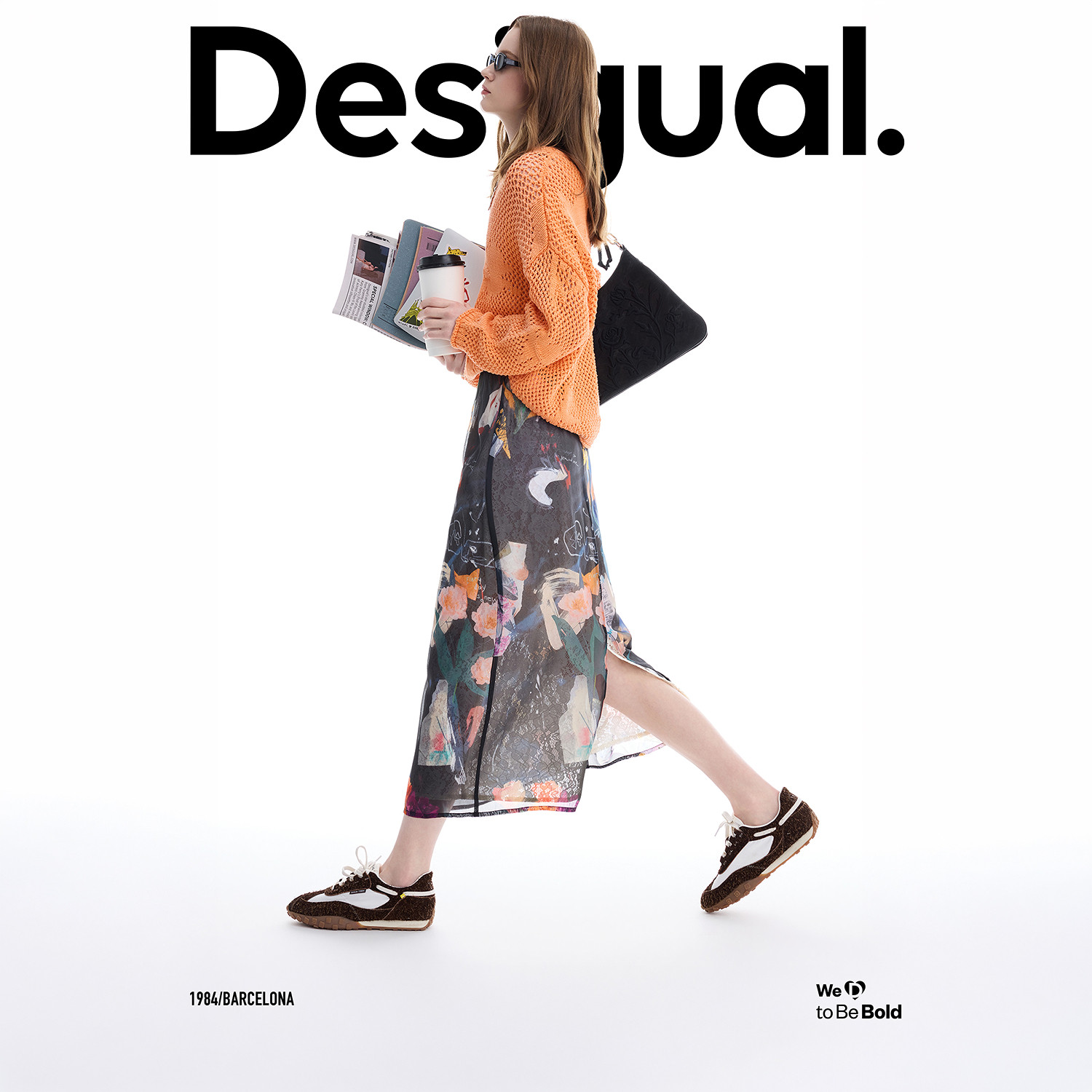 Desigual26春夏新品插画印花欧根纱蕾丝松紧腰长款女式半身裙
