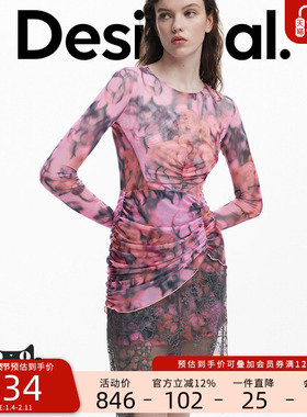 【Collina Strada联名】粉色花卉印花蕾丝拼接连衣裙