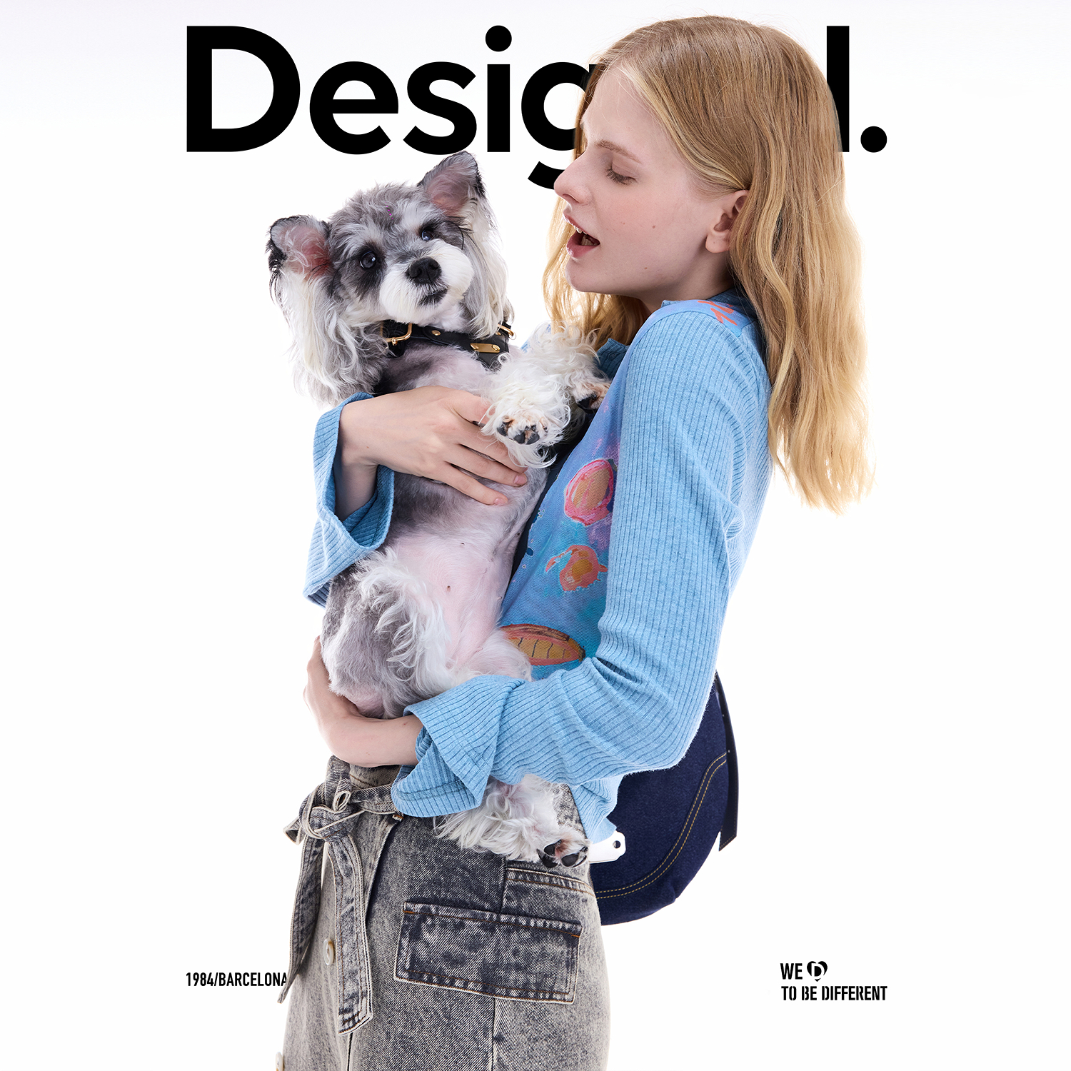 Desigual25秋冬新品腊肠狗狗印花蓝色撞色Polo领女士T恤