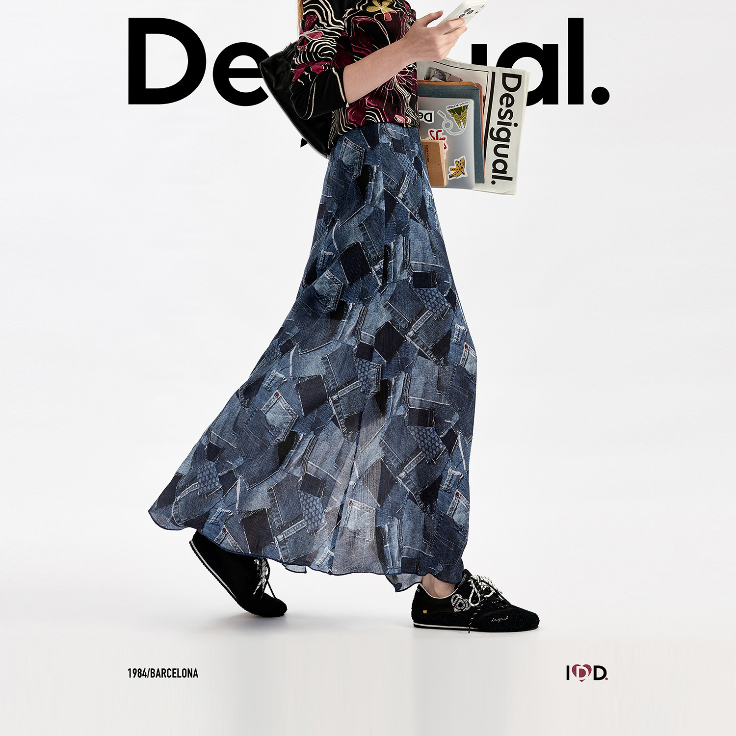【呼呼专享】Desigual牛仔拼布印花开叉微喇长款半身裙