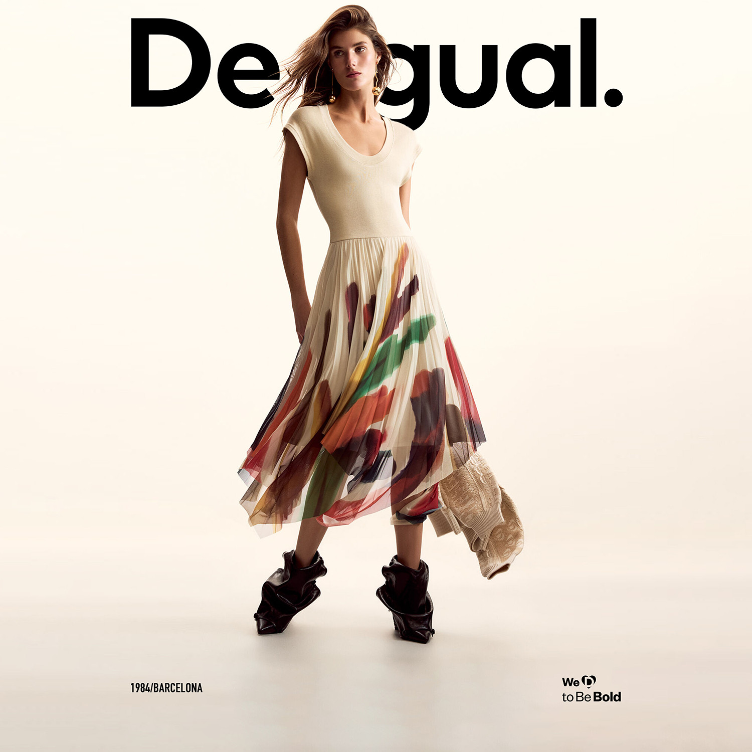 【LACROIX联名】Desigual26春夏新品修身百褶彩色笔触印花连衣裙