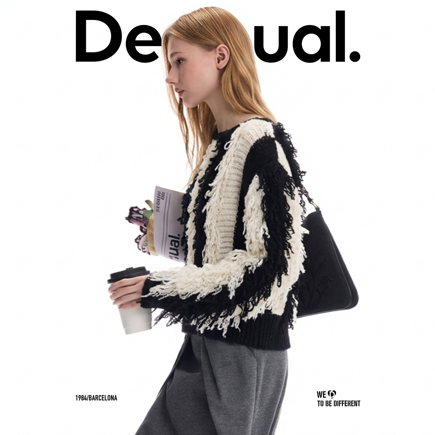 【保暖羊毛混纺】Desigual26春夏针织黑白撞色流苏装饰女士针织衫