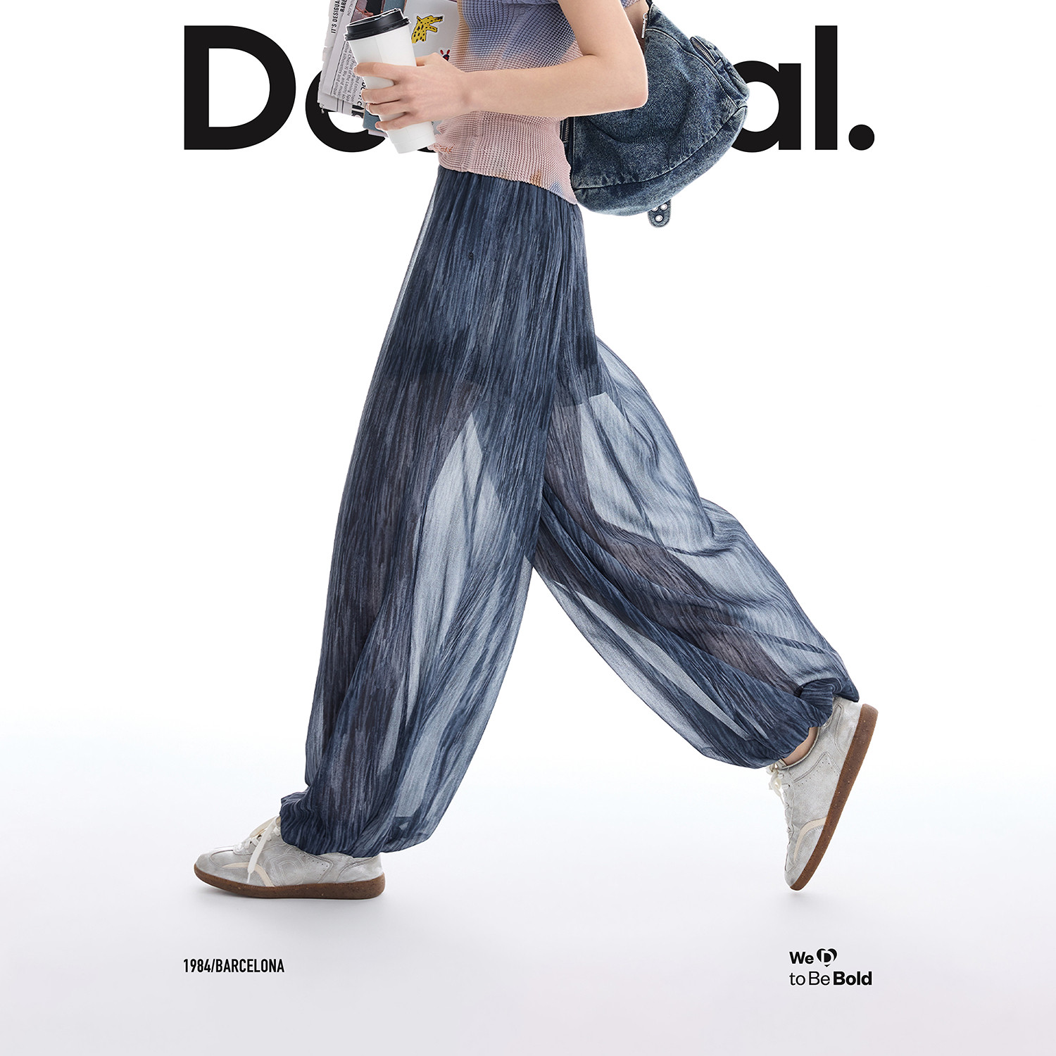 Desigual26春夏新品宽松肌理印花云朵轻盈薄透松紧腰女式休闲裤