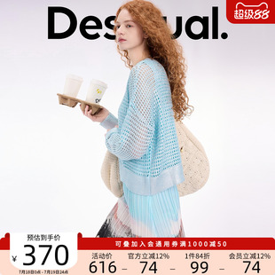 Desigual25春夏新款 钩针镂空蓝色圆领长袖 女士针织衫