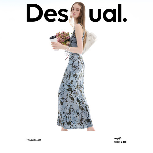 Desigual26春夏新品植绒花卉蓝色扎染无袖收褶设计连衣裙