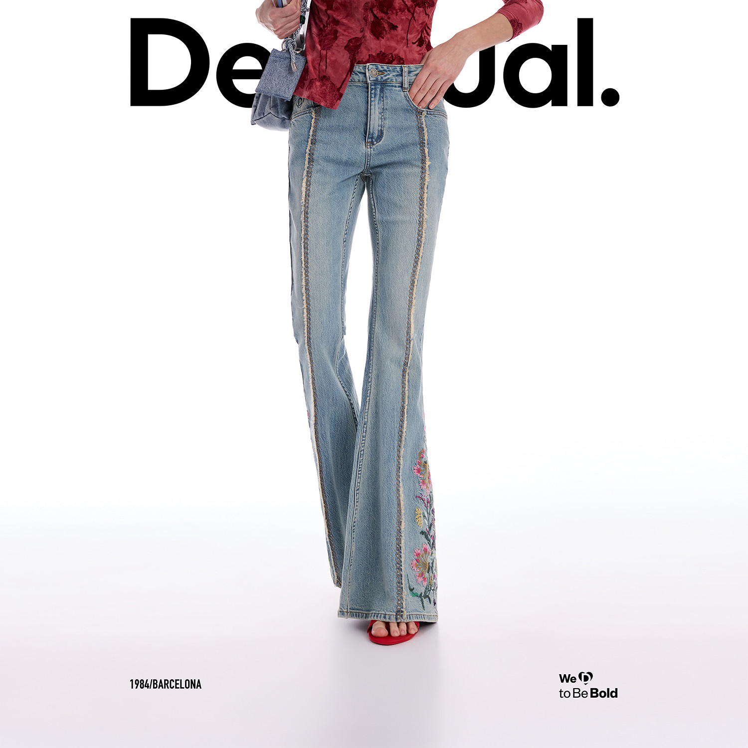 【呼呼专享】Desigual牛仔分割装饰花卉刺绣喇叭裤女式牛仔裤