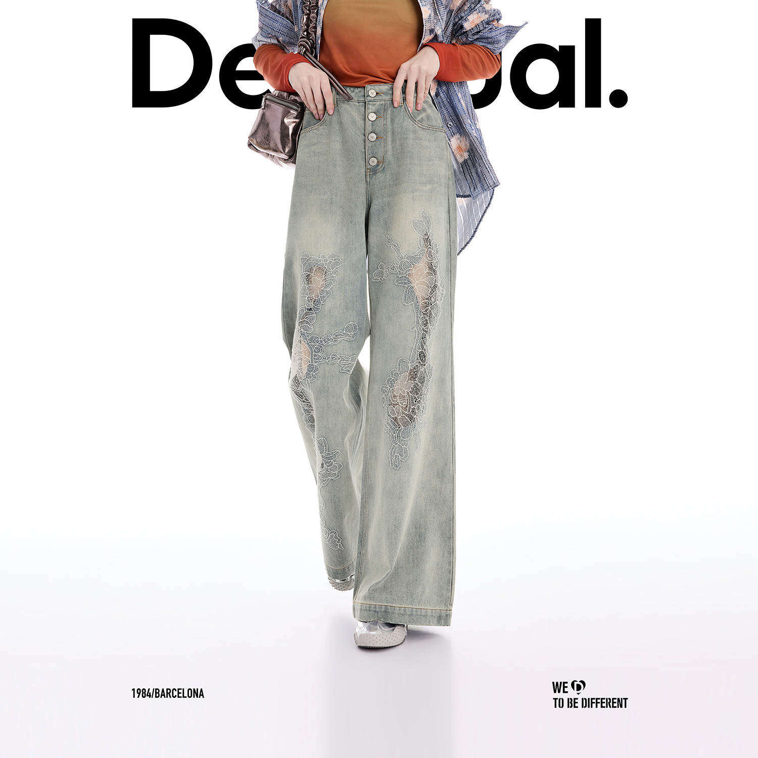 Desigual【博主同款】26春夏新品蕾丝镂空拼接纽扣门襟女式牛仔裤
