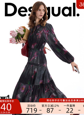 Desigual26春夏新品花卉黑色波浪印花腰部抽绳领口系带连衣裙