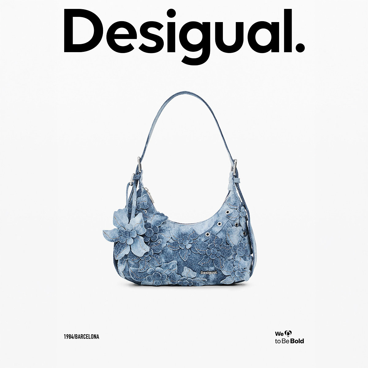 Desigual26秋冬不规则浅蓝水洗牛仔立体花卉装饰单肩手提斜挎包