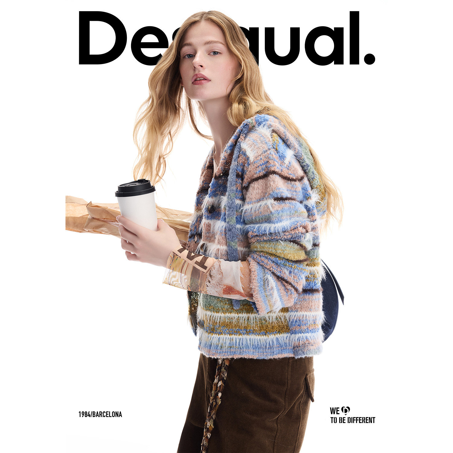 Desigual【明星同款】针织段染纱蓝白条纹设计连帽开衫女士针织衫