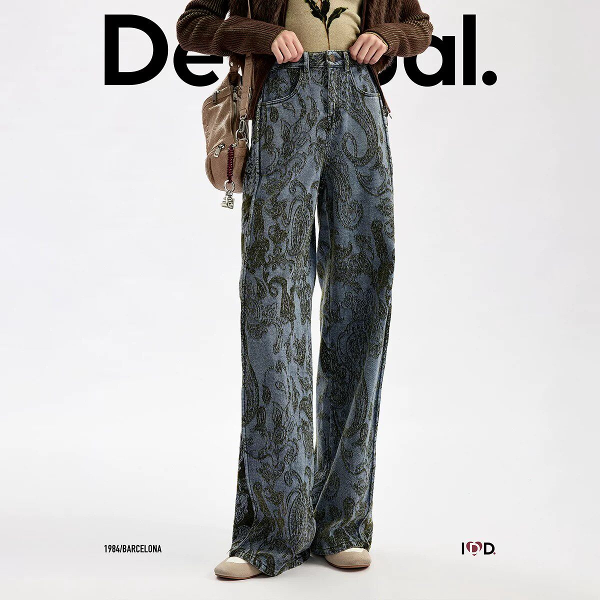 【超能小太阳】Desigual26秋冬新品提花侧拼接阔腿女式牛仔裤
