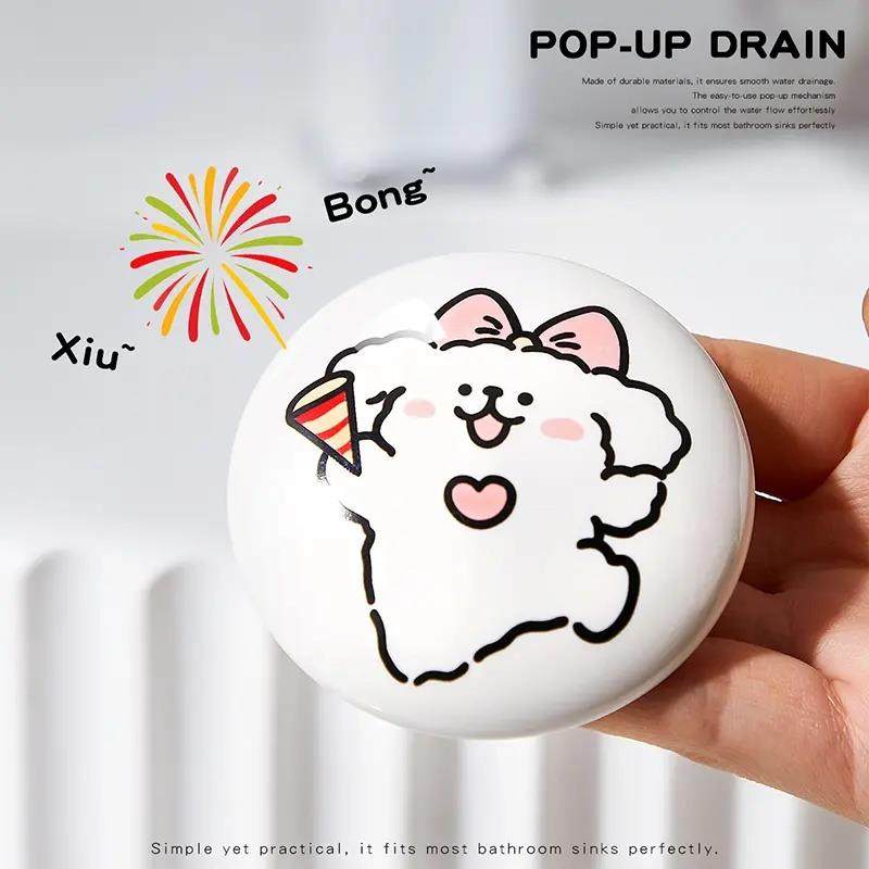 可爱小狗陶瓷洗脸盆卫生间洗手池漏水塞洗脸盆下水器创意弹跳芯YF