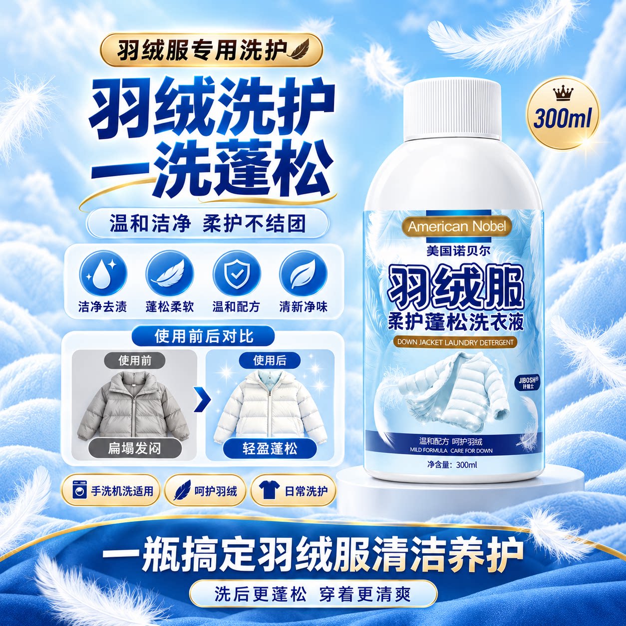 【羽绒服蓬松洗涤剂】洗衣机专用衣物清洗膨松洗衣液去污渍神器C