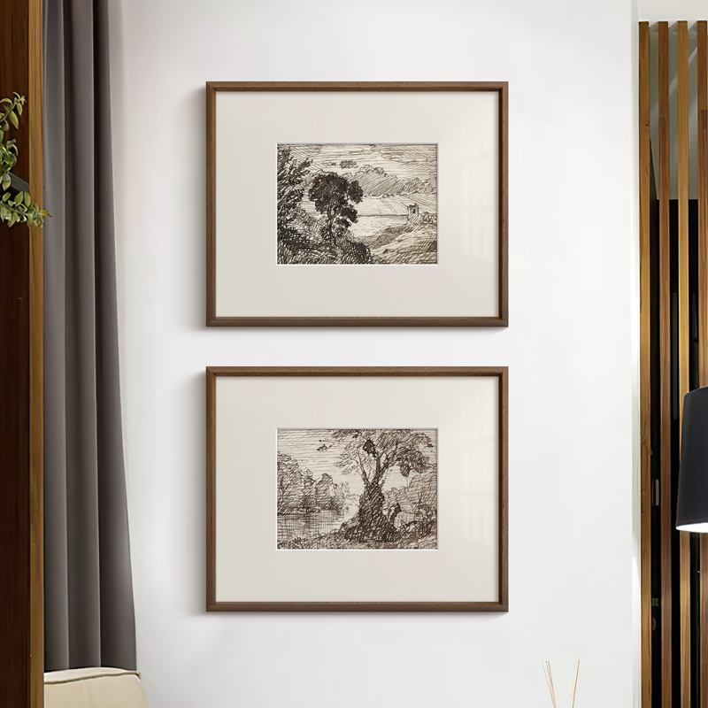 素描森林风景画》法式中古风小众艺术挂画北欧复古客厅玄关装饰画图片
