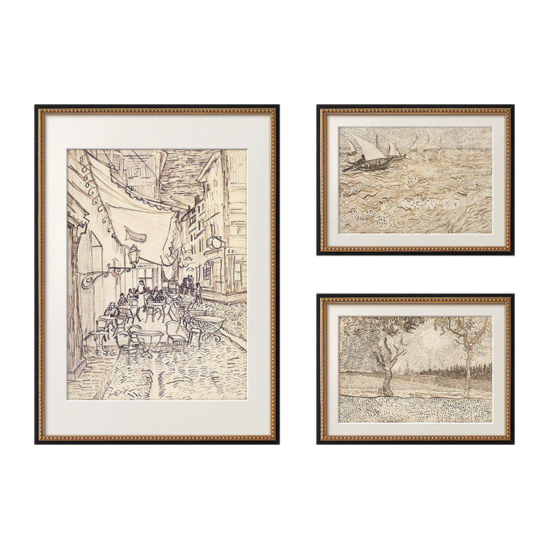 梵高素描风景画组合画法式复古艺术客厅装饰画中古风玄关斗柜挂画