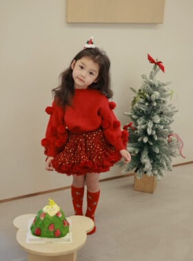 女童tutu裙套装秋冬装2025新款儿童洋气圣诞节裙子宝宝红色兔兔裙
