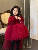 26冬季 女童红色亮片裙高级生日礼服蝴蝶结花童气质喜庆新年过年裙