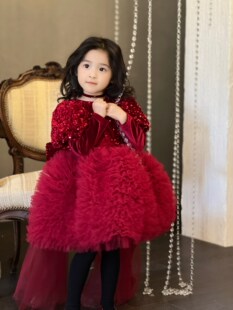 26冬季女童红色亮片裙高级生日礼服蝴蝶结花童气质喜庆新年过年裙