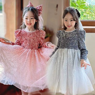 2024秋冬女童闪闪亮片公主裙粉色连衣裙生日礼服表演蓬蓬裙网纱裙