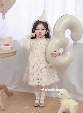 2025女童冬季羽毛亮片公主高级生日礼服流苏加厚背心裙气质公主裙