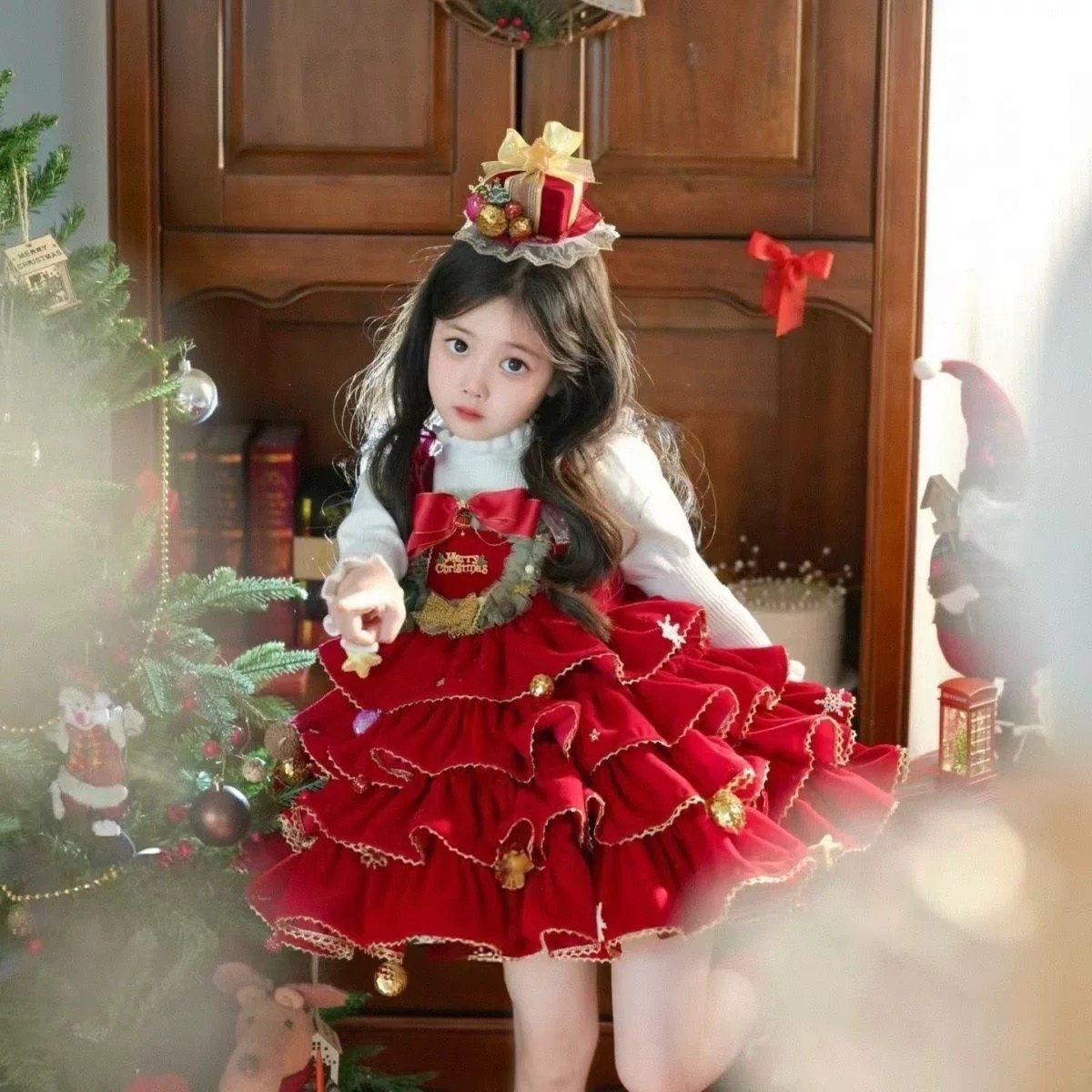 女童洛丽塔公主裙儿童圣诞节穿搭服装连衣裙红色过新年战袍拜年服