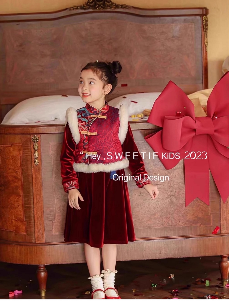 2026过年服女童冬季加绒连衣裙宝宝中国风唐装儿童拜年服新年衣服