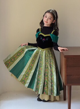 女童秋冬款冰雪奇缘安娜公主裙儿童圣诞节穿搭服装连衣裙绿色刺绣
