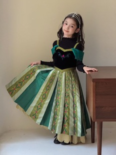 女童秋冬款冰雪奇缘安娜公主裙儿童圣诞节穿搭服装连衣裙绿色刺绣