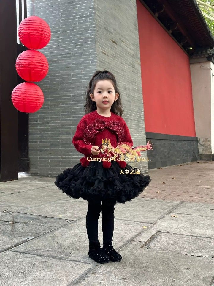 女童毛衣2025秋冬新款儿童圣诞新年红色蝴蝶结针织套头衫年服洋气