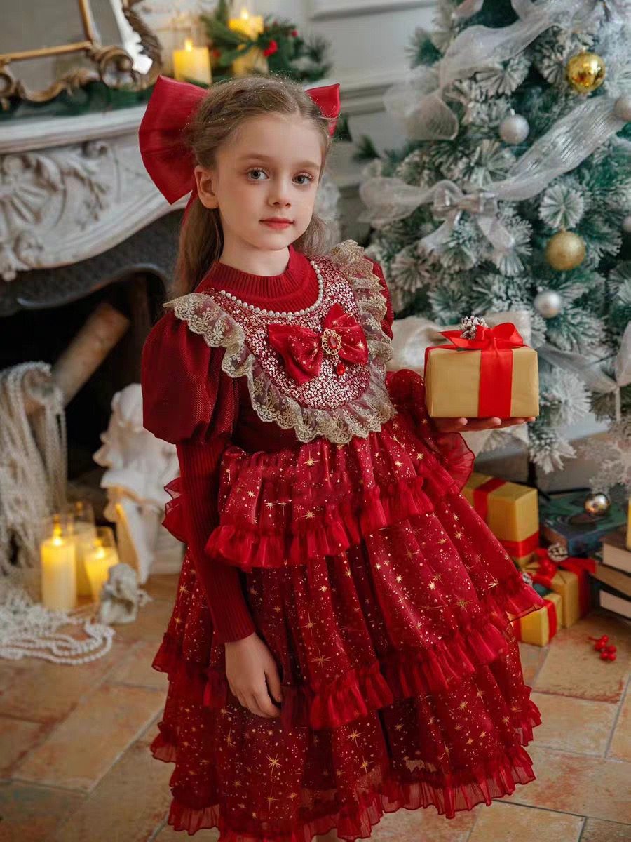 女童圣诞节礼服秋冬新款儿童钢琴演奏主持人红色公主裙新年拜年服