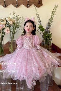 女童25秋冬公主裙亮片泡泡袖长纱裙重工网纱大裙摆连衣裙生日礼服