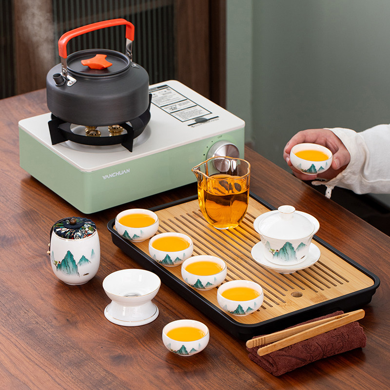 可携式户外旅行茶具套组带烧水炉野外露营卡式炉煮茶炉泡茶壶装备