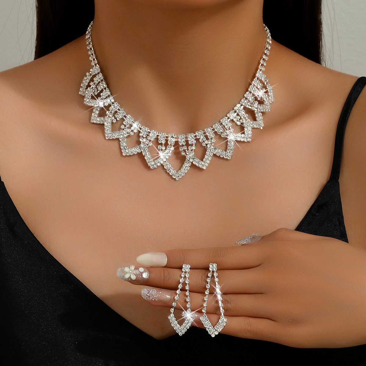 跨境货源 欧美时尚爪链系列水钻项链耳环套装 夸张百搭礼服项链女