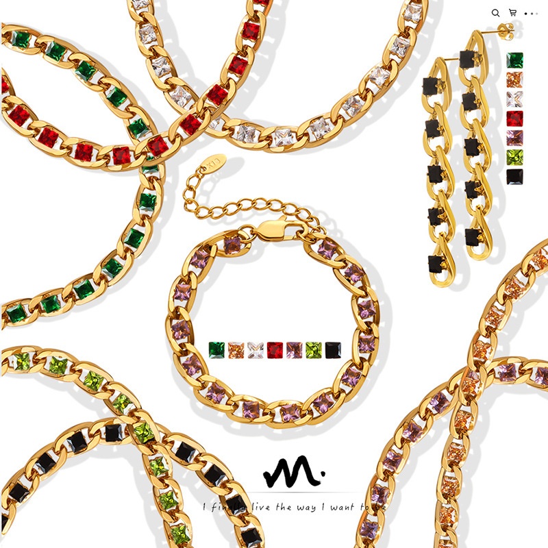 欧美风新款彩色锆石配饰带钻项链轻奢不掉色手链精致耳环首饰套装