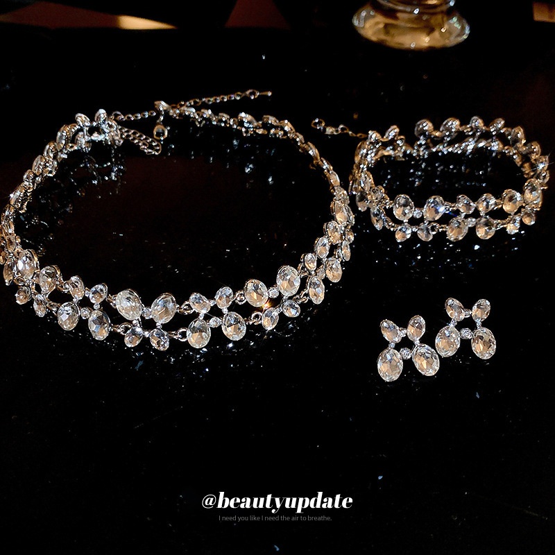 镶钻椭圆双层项链耳环手链套装气质轻奢高级感锁骨链小众新潮饰品