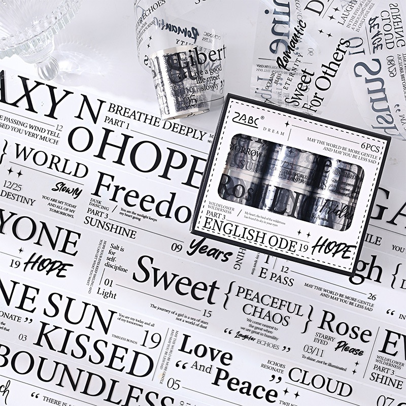 悦真英文颂礼盒套装跨境手帐胶带 防水pet胶带手账文字造景贴纸卷