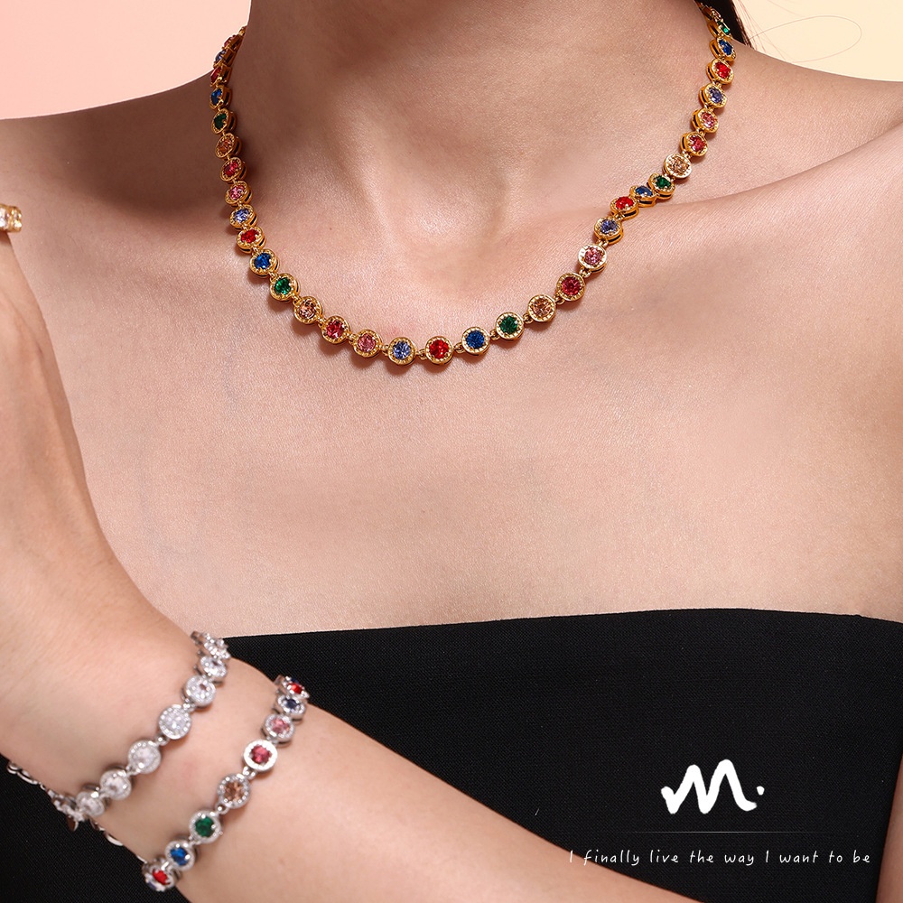 跨境新款钛钢满钻3A锆石混彩手链PVD真空电镀不掉色项链首饰套装