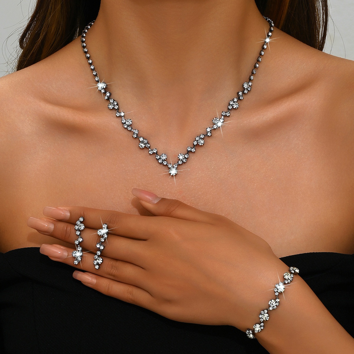 Jewelry set 欧美中东婚礼流行浅黑白钻女式项链耳环手链三件套