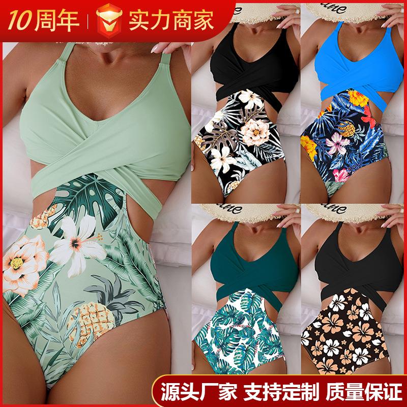 Printed hollow lace up one-piece bikini swimsuit women's