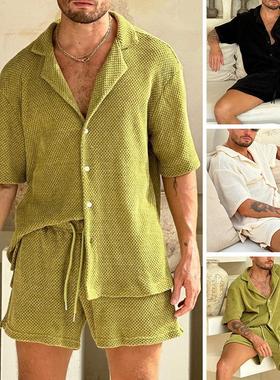 Men's collar shirt top shorts set