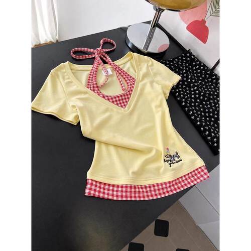 Embroidered neck hanging short sleeved T-shirt, women's