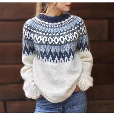 Sweater women's round neck color blocked pullover knitted