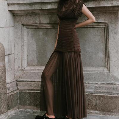 Women's elastic mesh dress with a small high neck and