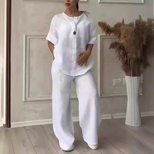 Women's top, wide leg pants, cotton and linen set