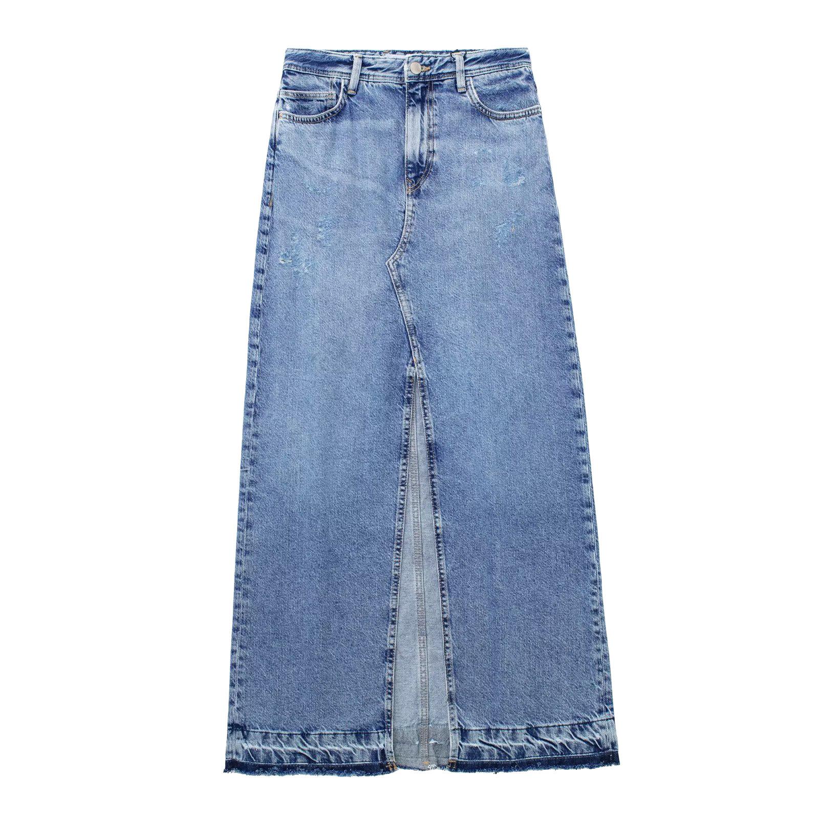 Women's high waisted split denim skirt long skirt