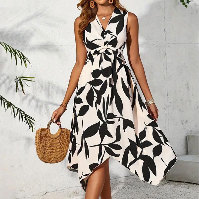 Long sleeveless mid skirt with leaf print dress for