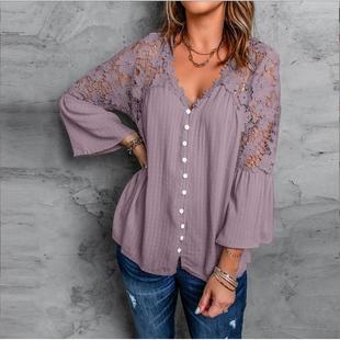 Lace blouse women's patchwork flared sleeve top