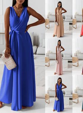 Women's lace up collar evening long gown dress for