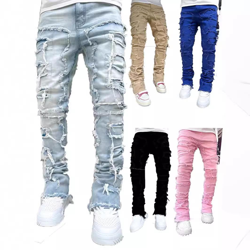 Men's denim straight leg pants with elastic patch